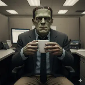 Frankenstein's monster sits calmly in a corporate office chair, drinking a cup of lukewarm coffee